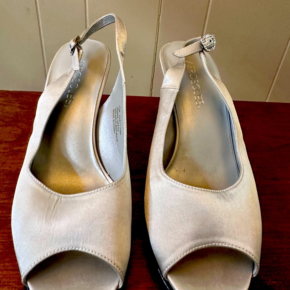 Silver satin sling back heels with embellished buckle